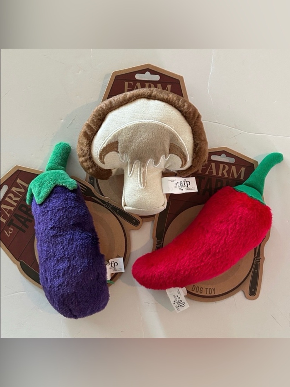 Veggie dog toys NEW mushroom, eggplant, Pepper plush toys squeaky (all 3!)